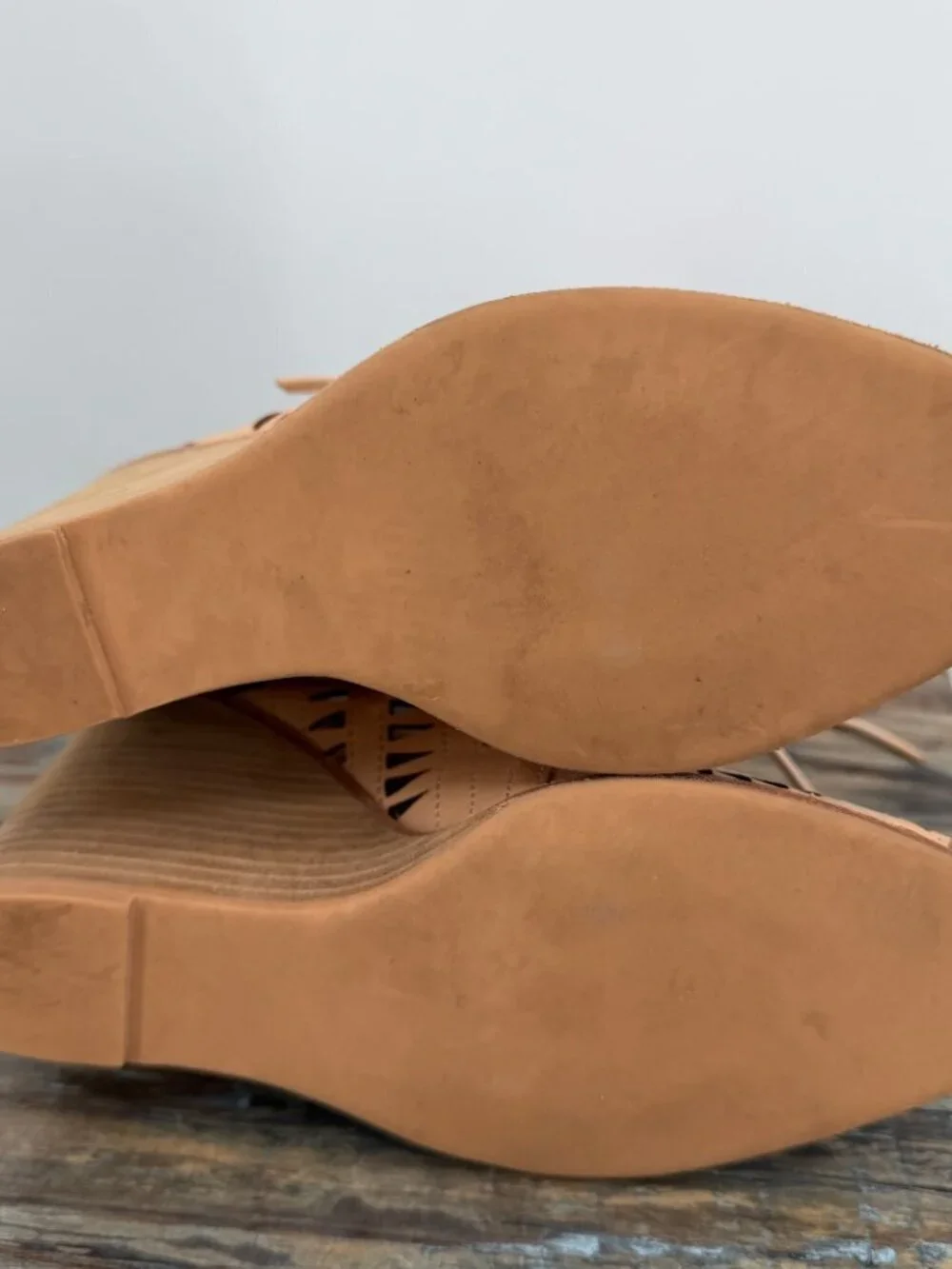 Jeffrey Campbell Tan Leather Cutout Wedge Heels Lace Up Peep Toe Size 7.5